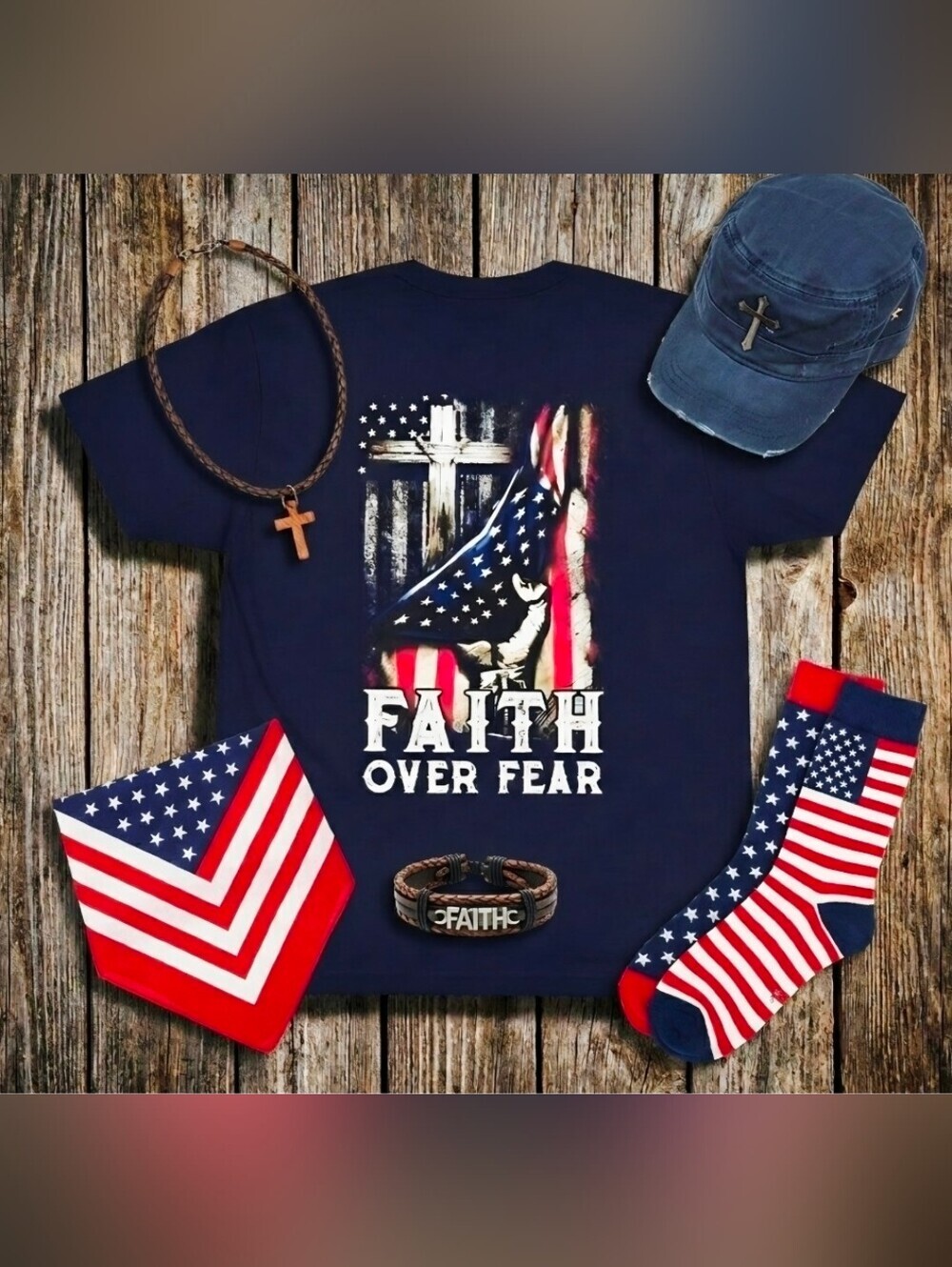 Faith Over Fear Christian Patriotic Tee • American Flag Cross Shirt •